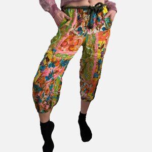 Zimmermann Floral Patchwork Linen Cropped Pant Stretch Belt Trouser Multicolour